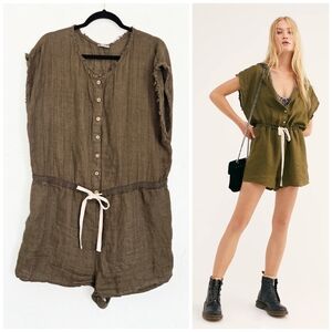 Free People Oversized Linen Green Button Up Romper, L